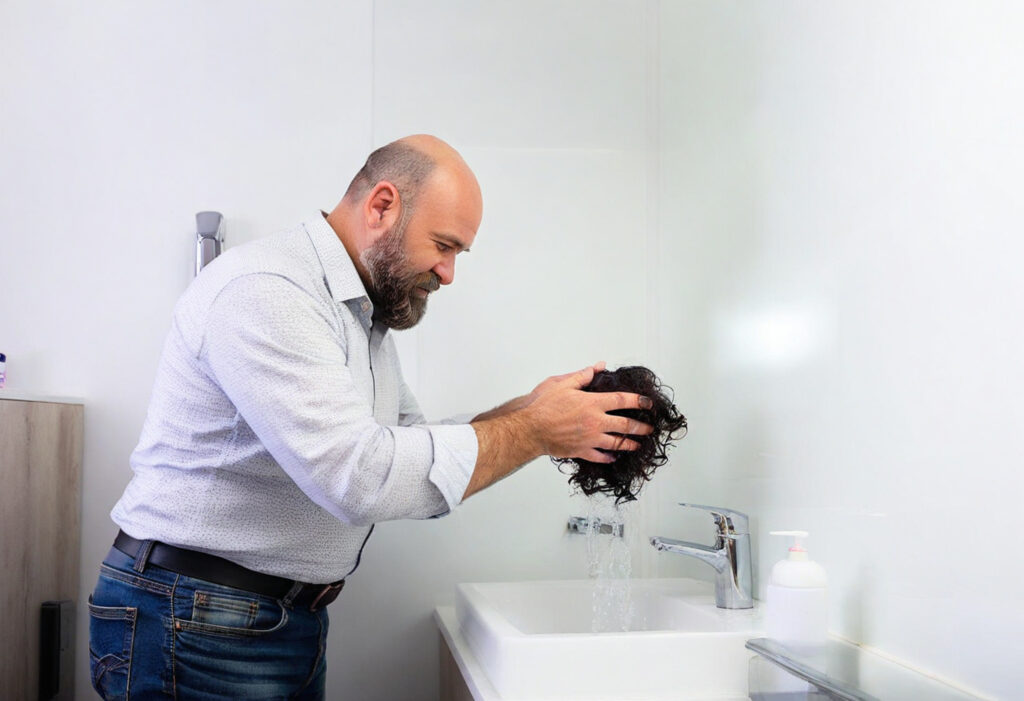 man washing wig in the sink